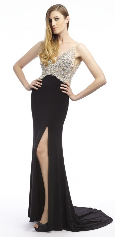 real red carpet dress - jewelled top with jersey skirt, thigh split ...