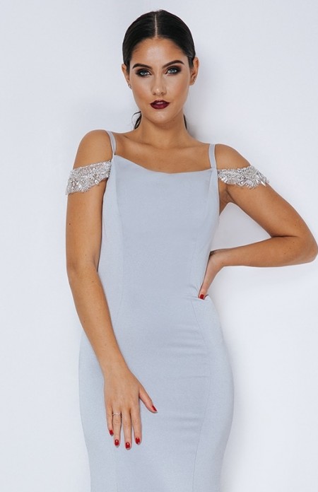 REDUCED - Satin evening dress with embellished off the shoulder straps