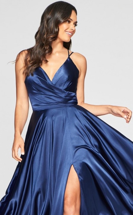 Navy satin, laced back, a-line prom dress with thigh split