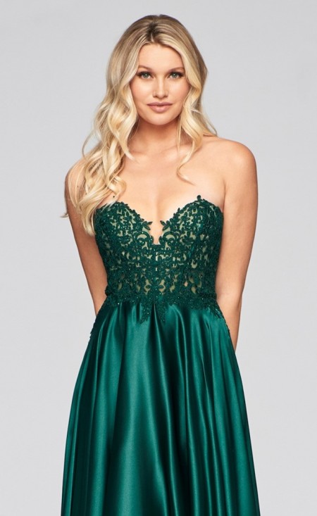 Strapless prom dress with applique bodice & satin skirt