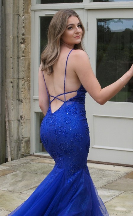 20% less than RRP - Deep plunge, backless, fishtail prom dress 