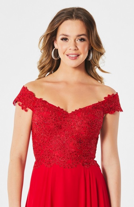 Prom dress with beaded, off the shoulder bodice & chiffon skirt