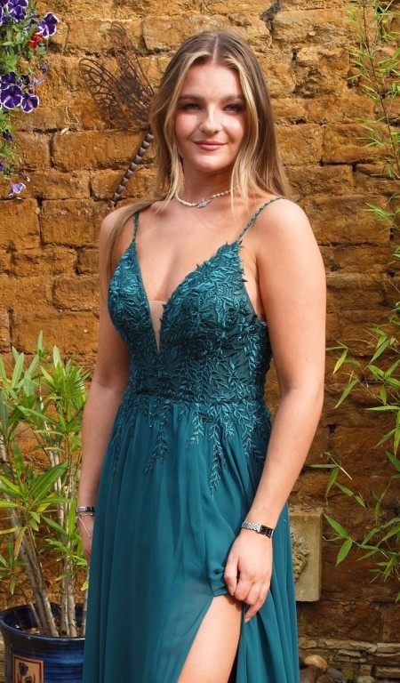Chiffon Plunge Neck Prom Dress with Embroidered Bodice