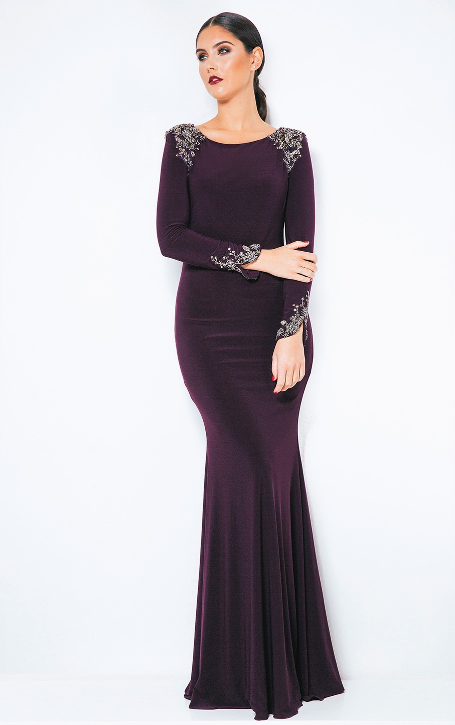 Sophisticated, sleeved evening gown with embellished shoulders & cuffs ...