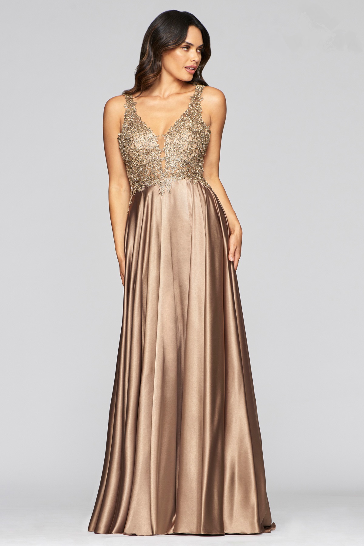v neck satin ball gown
