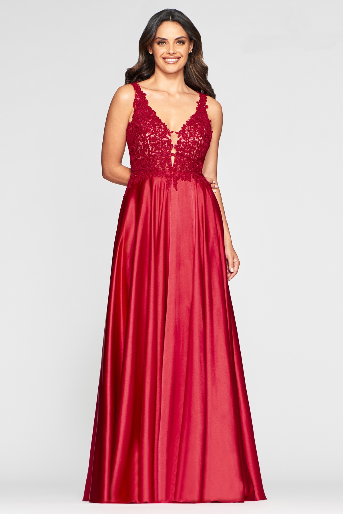 v neck satin ball gown