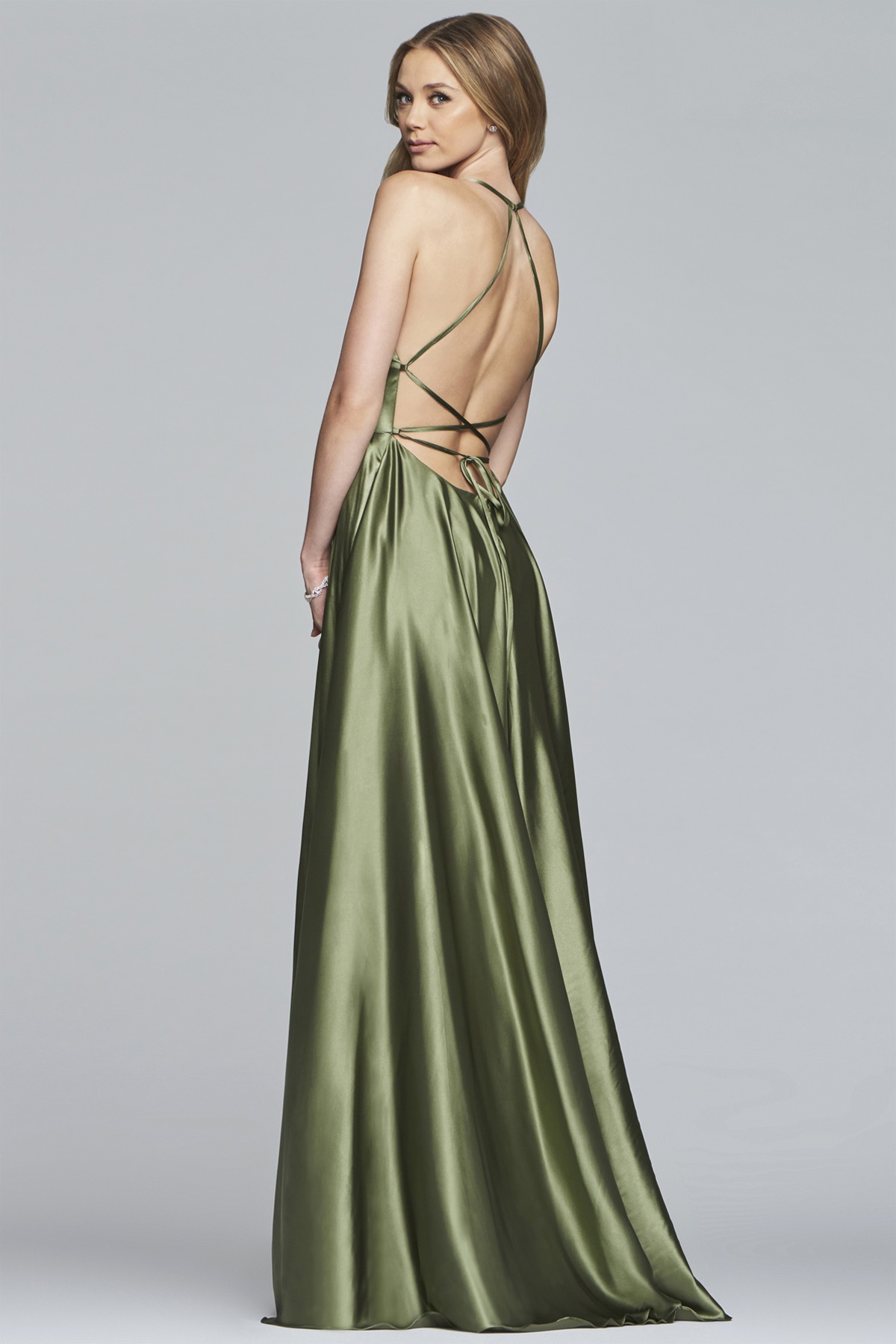 Backless satin prom dress with laceup closure at Ball Gown Heaven