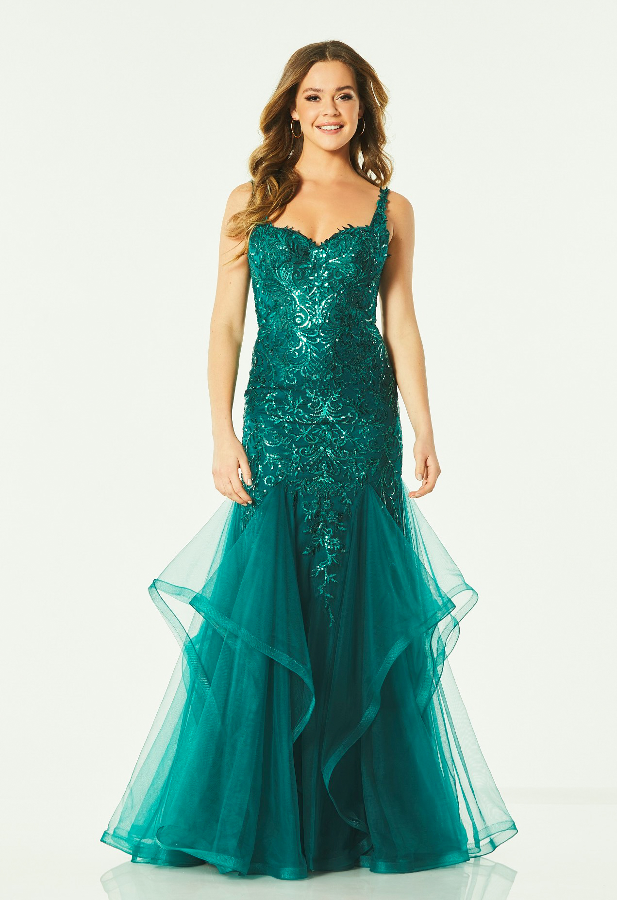 Fishtail prom dress with low lace up back, embroidered applique ...